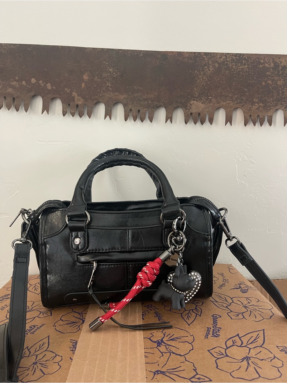 Steve Madden Black Mini Satchel with Red Rope Charm and Heart Charm